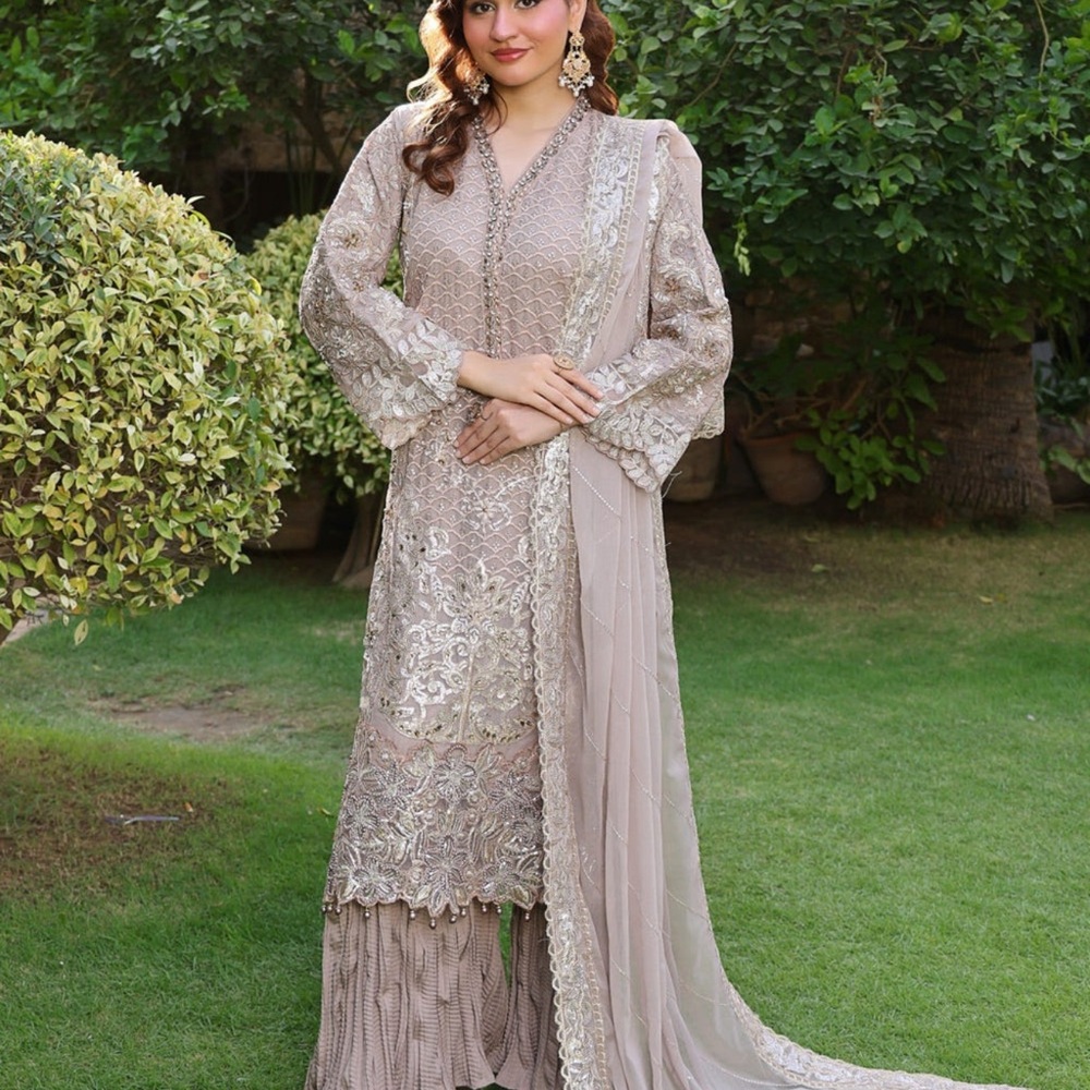 Embellished Neutral Beige Pakistani Formal Suit with Dupatta